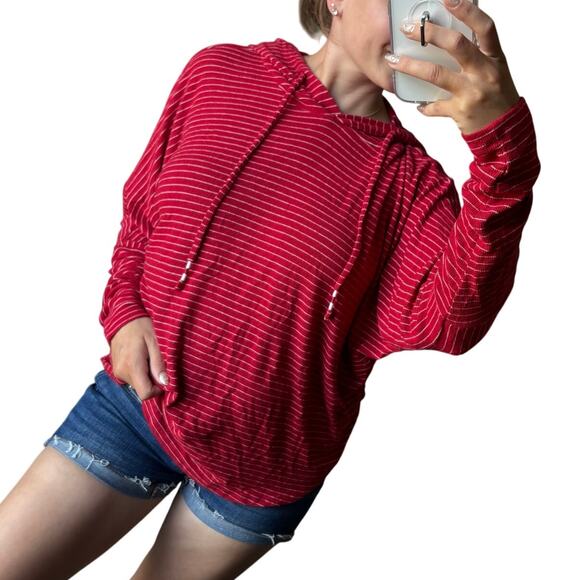 Revolve Hello Nite S Cherry Red White Stripe Hooded Ribbed Knit Pullover Sweater - Picture 1 of 7